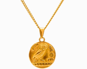Athena Owl Coin Necklace | Gold Ancient Greek Owl of Athena Goddess Medallion Mythology Pendant | The Symbol of Wisdom Owl Charm.