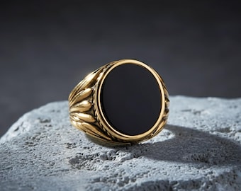 Gold Black Onyx Signet Ring, 18k Plated Stainless Steel Men’s Statement Jewelry Gift