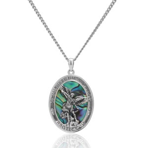 St Michael Protect Us Necklace - Silver Catholic Angel Medal Pendant - Saint Michael Archangel Greek Warrior Guardian Protector.