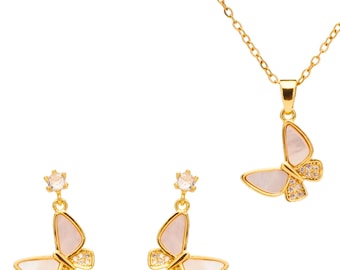 Pearl Butterfly Necklace and Earrings Set, 18k Gold Plated Crystal Jewelry, Dainty Bridal Gift.