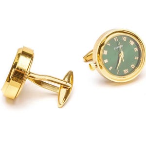 Green Gold Watch Cufflinks - Rotating Clock Watch Cuff Links - Emerald Green Men Suit Shirt Cuff links - Metal Wedding Cufflinks for Grooms.