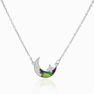 Opal Crescent Moon Star Necklace, Dainty Silver Half Moon and Star Choker Pendant, Astrology Birthstone Celestial Moon Star Jewelry