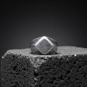 Men’s Geometric Signet Ring, Brushed Stainless Steel Industrial Band, Minimalist Jewelry for Him