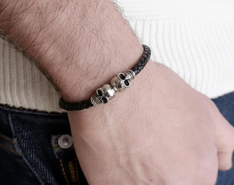 Skull Bracelet: Braided Black Leather, Stainless Steel Gothic Biker Jewelry