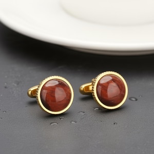 Gold Garnet Cufflinks for Men, Dark Red Gemstone Stud Stainless Steel Wedding Grooms Gift