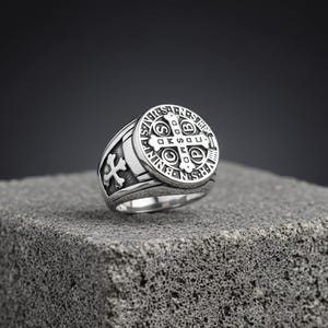 Saint Benedict Cross Signet Ring - Men’s Exorcism Christian Religious Knight Templar Novelty Ring image 1