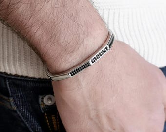 Men's Silver Bangle: Stainless Steel Cuff with Black Stones