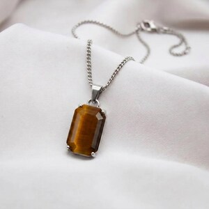 Collar con colgante de ojo de tigre plateado, collar rectangular con piedra preciosa, joyería de cadena tipo curb, regalos bohemios para hombre