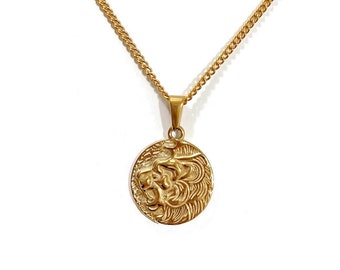 Lion Head Coin Necklace • Gold Leo Zodiac Coin Chain Necklace • Vintage Animal Pendant • Lioness Necklace • Roman Roaring Lion Unisex Charm