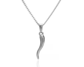 Italian Horn Necklace - Silver Italian Horn Amulet Charm Pendant - Italian Cornicello, Cornetto Necklace with Sterling Silver, Good Luck