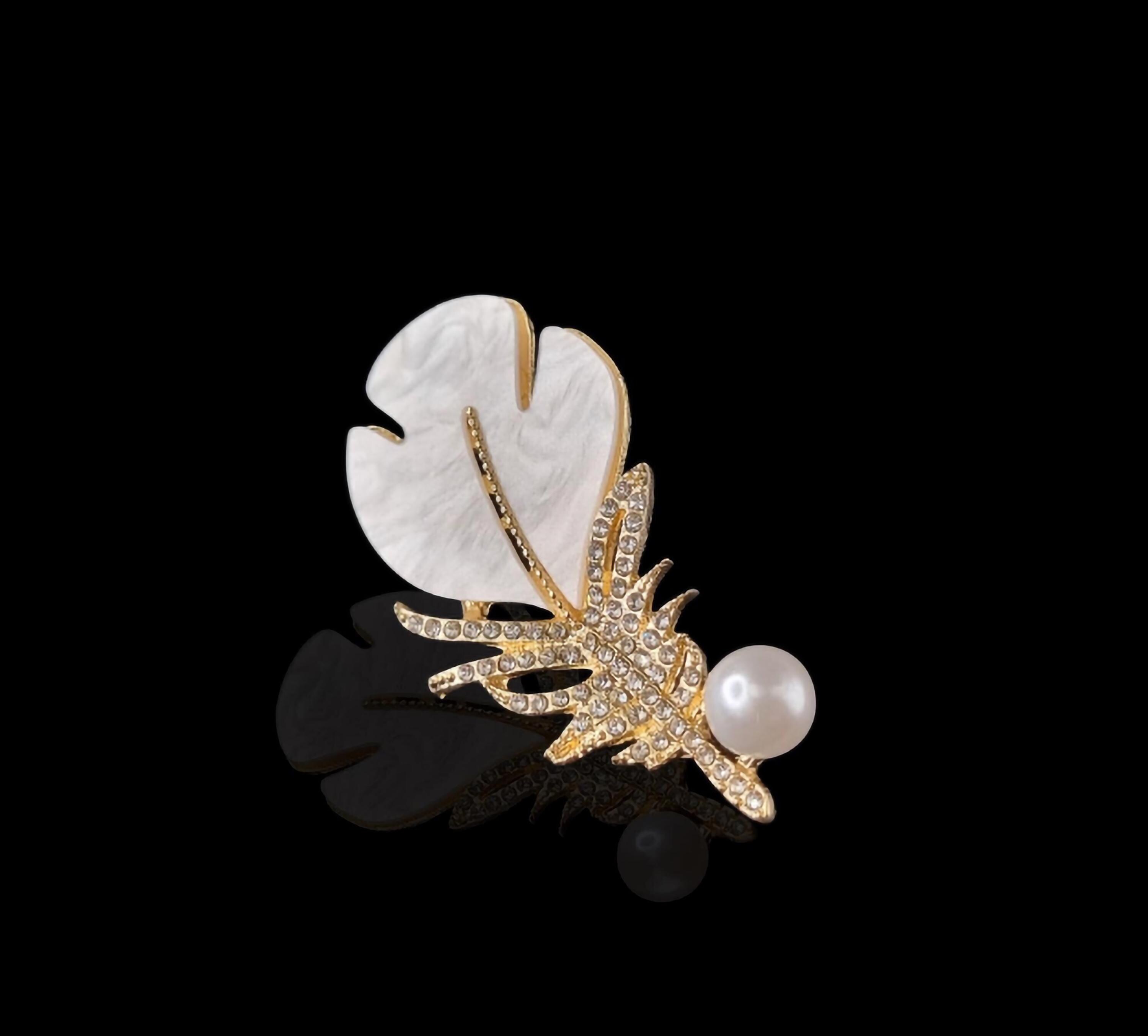 Gold Feather Brooch, Crystal and Mother-of-pearl Lapel Pin  display picture 3