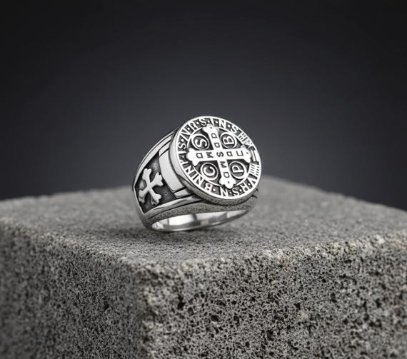 Saint Benedict Cross Signet Ring - Men’s Exorcism Christian Religious Knight Templar Novelty Ring