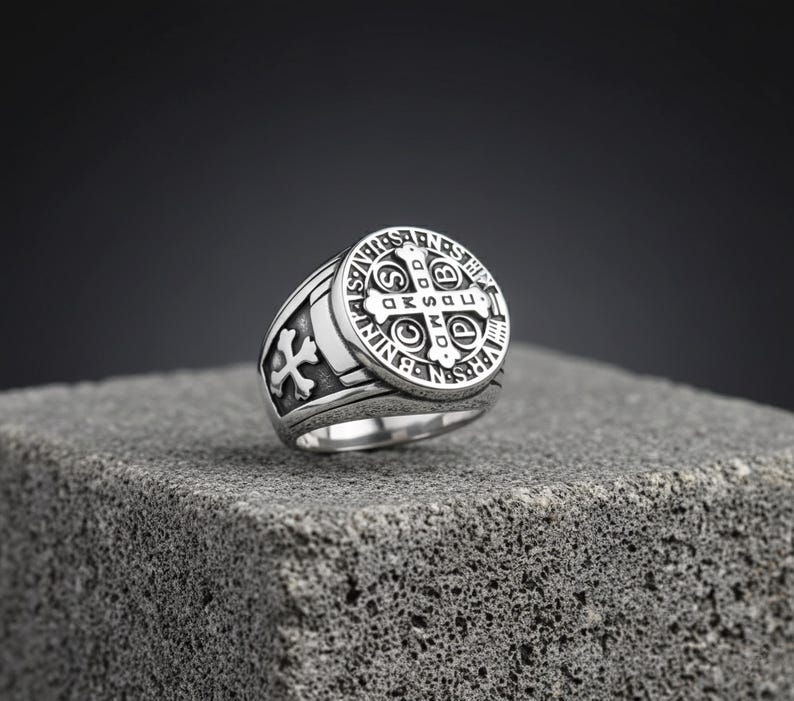 Saint Benedict Cross Signet Ring - Men’s Exorcism Christian Religious Knight Templar Novelty Ring image 1