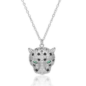 Crystal Leopard Head Necklace - Panther Head Green Eyes Necklace, Wild Jaguar Cheetah Necklace, Mens Panther Big Cat Wild Animal Lover Gift.