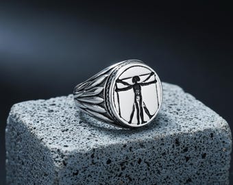 Silver Vitruvian Man Signet Ring, Renaissance Art Men’s Jewelry, Statement Gift Ring