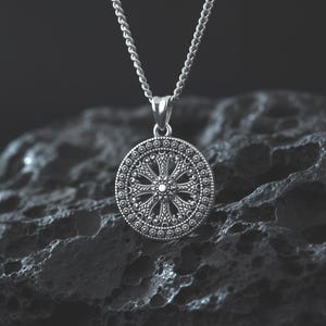 Sterling Silver Mandala Necklace: Geometric Rose Window Pendant