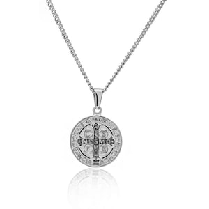 Silver St Benedict Pendant Necklace: Stainless Steel Catholic Amulet