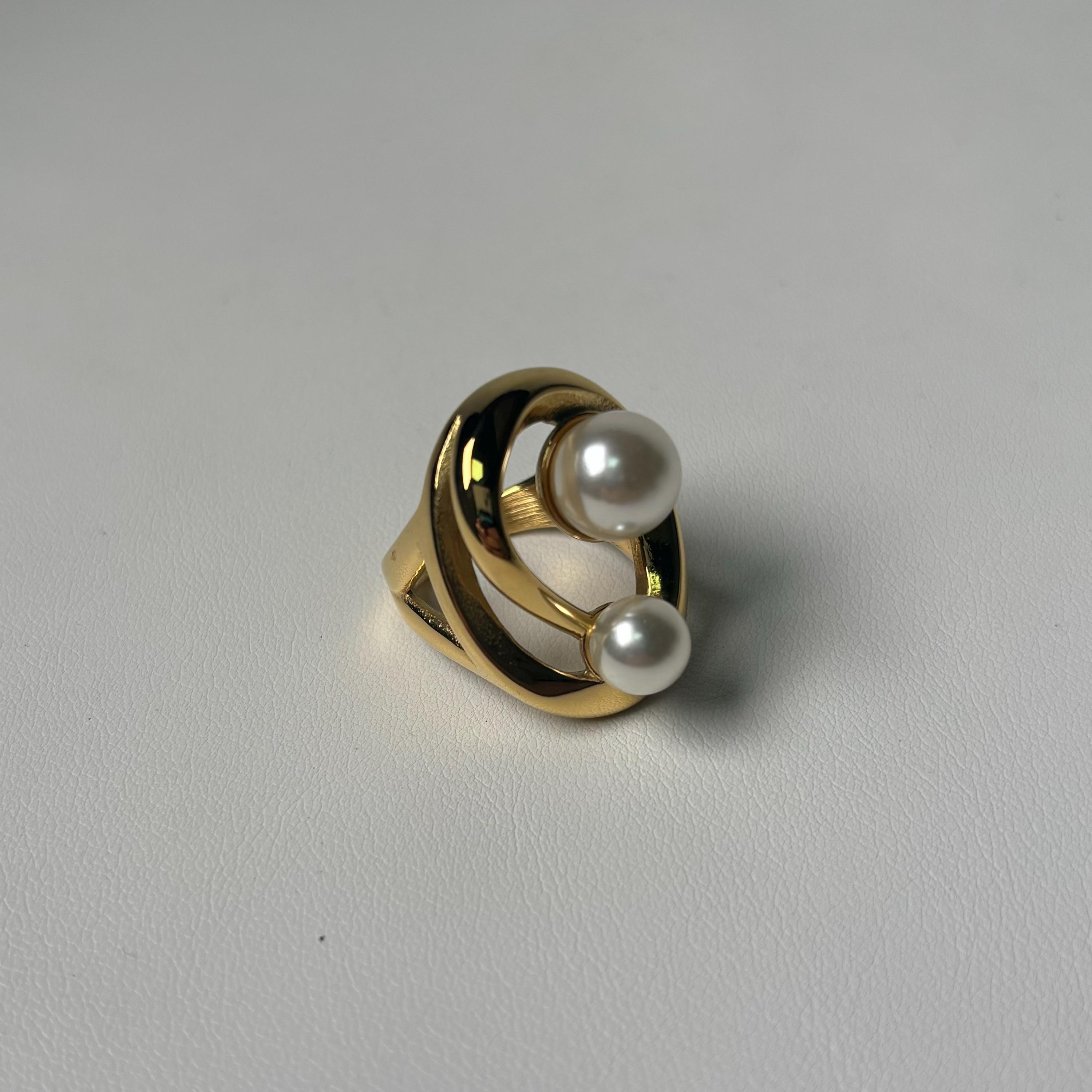 Gold Double Pearl Ring – Modern Sculptural Swirl Statement, Orbit