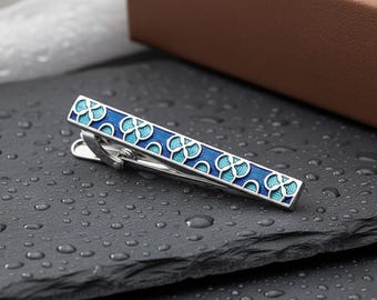 Blue Flower Enamel Tie Clip, Stainless Steel Design, Men’s Jewelry, Wedding Groomsmen Gift