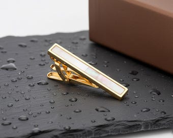 Fermacravatta in madreperla, fermacravatta personalizzato placcato oro 18k, regalo per lo sposo