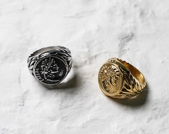 Goldener römischer Kaiser Siegelring für Männer / Vintage römischer Gaius Julius Cäsar Kopfmünze Ring / römischer Ritter Münzring Geschenk für Männer