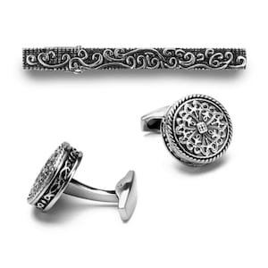 Wedding Grand Silver Cufflinks and Tie Clip Set/ Vintage Mandala Cuff Links Necktie Tie Bar Clip Gift Set for Groomsman
