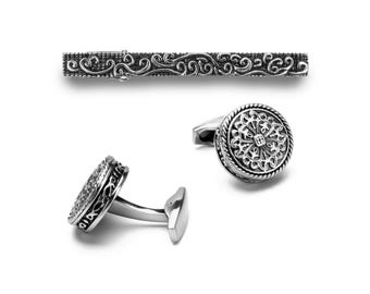 Silver Mandala Cufflinks and Tie Clip Set - Knightsbridge Vintage Design