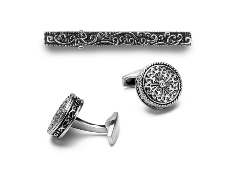Wedding Grand Silver Cufflinks and Tie Clip Set/ Vintage Mandala Cuff Links Necktie Tie Bar Clip Gift Set for Groomsman