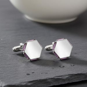 Gemelos hexagonales de acero inoxidable con piedras preciosas moradas para traje, regalo de boda para novios.