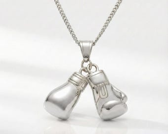 Silver Boxing Gloves Necklace: Stainless Steel Pendant for Boxers, Fighters