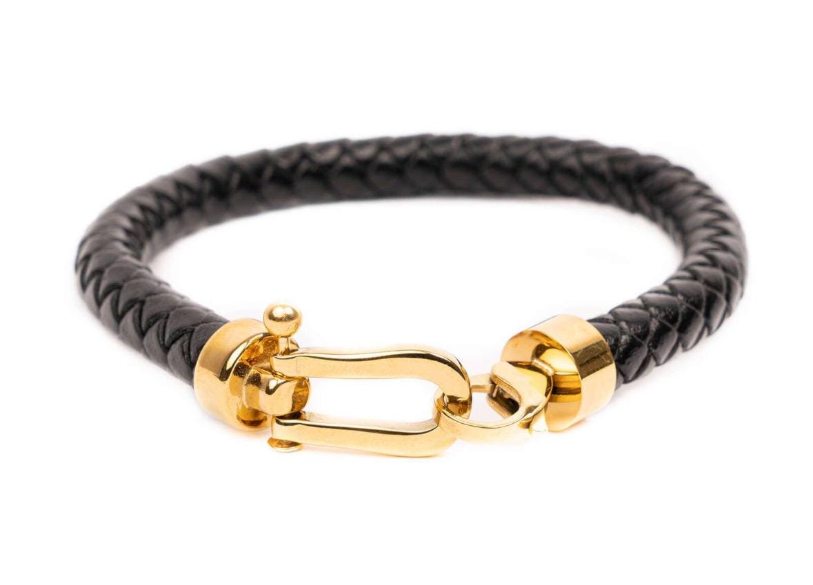 黒レザー編み込みブレスレット ゴールド金具 黒レザー編み込み