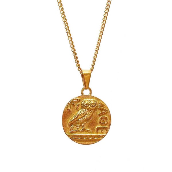 Athena griechische Eule Münze Halskette| Gold Antike Eule der Göttin Athene Medaillon Mythologie Anhänger| Das Symbol der Weisheit Eulen-Charm-Schmuck