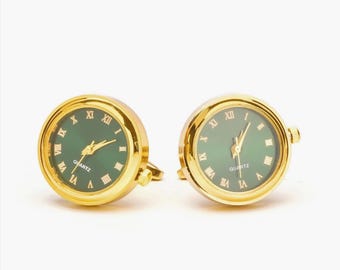 Green Gold Watch Cufflinks - Rotating Clock Cuff Links - Emerald Green Men  Suit Shirt Cufflinks - Wedding Cufflinks for Groom, Cufflink men