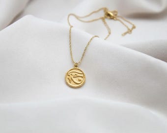 Gold Eye of Horus Pendant Necklace, Gold Coin Pendant Necklace, Egyptian Symbol Charm, Protection Amulet Necklace