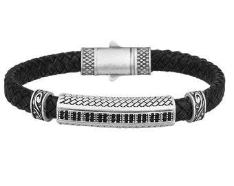 Silver Leather Bangle Bracelet| Nordic Viking Stylish Leather Black Cuff Bangle Bracelet| Titanium Adjustable Engraved Bangle Cuff Bracelet