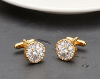 Gemstone Cufflinks for Men, Round Cut Crystal Luxury Wedding Jewelry, Groom Groomsmen Gift