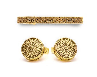 Gold Vintage Cufflinks and Tie Clip Set Stainless Steel Groomsmen Wedding Present Accessory