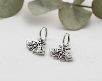 Silver Moth Hoop Earrings – Luna Moth Dangle Hoops, Textured Insect Charm Boho Gothic Jewelry