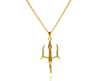 Gold Neptune Trident Pendant: Stainless Steel Poseidon Amulet