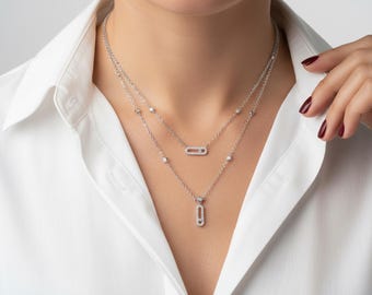 Delicata collana a strati in argento per donna, collana con ciondolo a 3 fili con zirconi cubici, gioielli a strati minimalisti