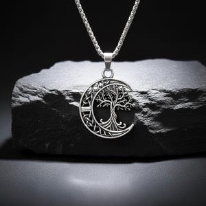 Silber Baum des Lebens Anhänger | Viking Gothic Halbmond Stammbaum Halskette für Männer