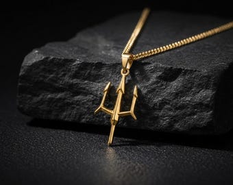 Gold Neptune Trident Pendant: Stainless Steel Poseidon Amulet