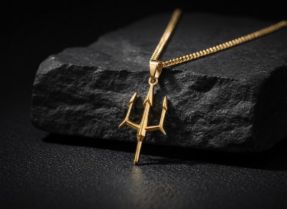 Gold Neptune Trident Pendant: Stainless Steel Poseidon Amulet
