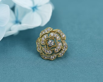 Gold Rose Brooch, Crystal Flower Lapel Pin, Elegant Sparkly Floral Brooch for Women