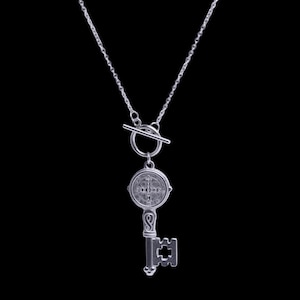 Silver St Benedict Key Necklace, Catholic Saint Benedict Key Cross Pendant, Silver Gothic Medal Crucifixes Christian Protection Baptism Gift