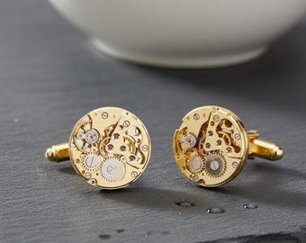 Gemelos con mecanismo de reloj dorado, diseño steampunk de relojería giratoria, joyería para hombre, regalo de accesorios de boda