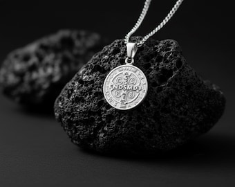 Silver St Benedict Pendant Necklace: Stainless Steel Catholic Amulet