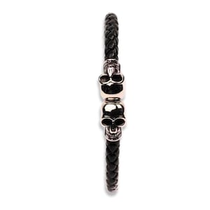 Skull Bracelet: Braided Black Leather, Stainless Steel Gothic Biker Jewelry