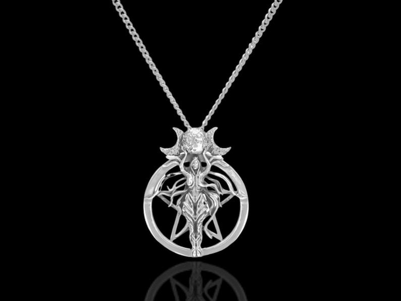 Sterling Silver Lilith Pentagram Necklace, Lilith Goddess Wiccan Pendant, Triple Moon Goddess Gothic Pagan Symbol Amulet Charm