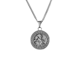 Spartan Coin Necklace,  Silver Spartan Warrior Pendant, Poseidon Necklace, Ancient Greek Viking Spartacus Warrior Chain  Jewelry for Men